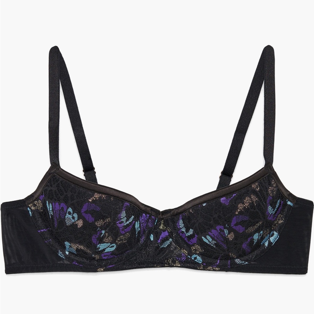 Savage X Fenty Black Lace Underwire Bra with Purple & Teal Floral Accents
